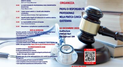 16/12/2023, Auditorium OMCeO BARI, Incontro multidisciplinare ECM “Profili di Responsabilità Professionale nella pratica clinica quotidiana”
